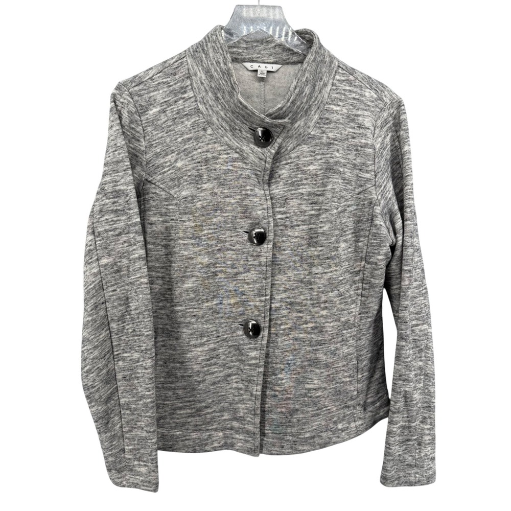 Cabi Gray Marl Knit Blazer Jacket Mock Neck Button Front Style 596 Womens Large